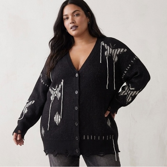 torrid Sweaters - Torrid Mystic Moths 5X Black White Distressed Button Up Cardigan White Accents